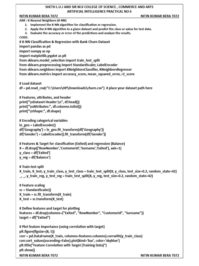 Tycs Sem 5 Ai Prac 8 KNN | PDF | Applied Mathematics | Statistics