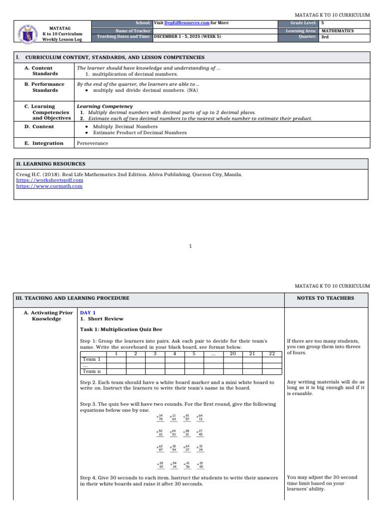 DLL Matatag - Mathematics 5 q3 w5 | PDF | Multiplication | Curriculum