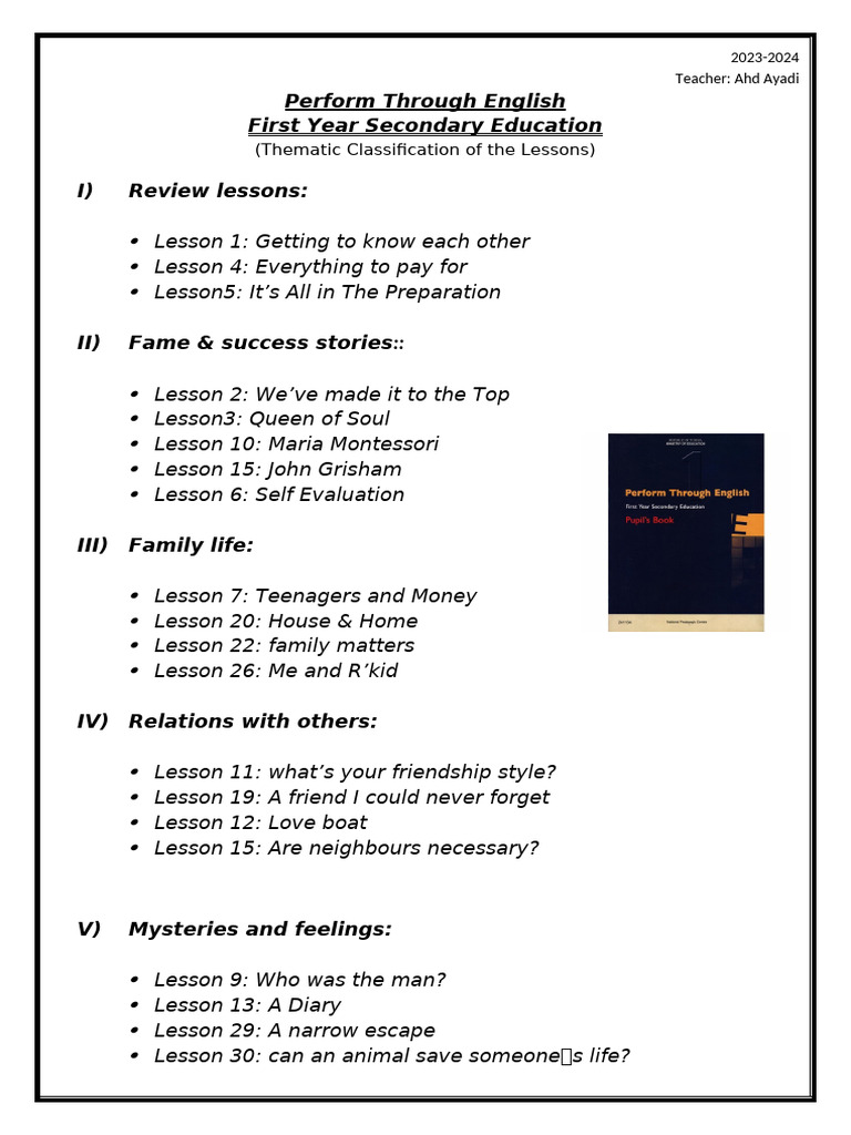 1st Year Thematic Classification of Lessons | PDF