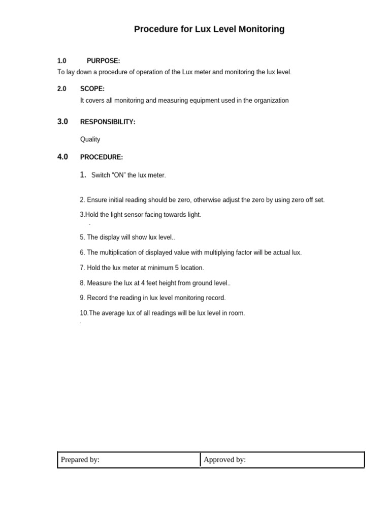 Procedure For Lux Level Monitoring | PDF
