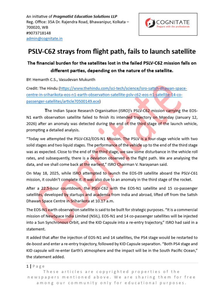 Janu 14th 2026-PSLV-C62 Strays From Flight Path, Fails To Launch ...