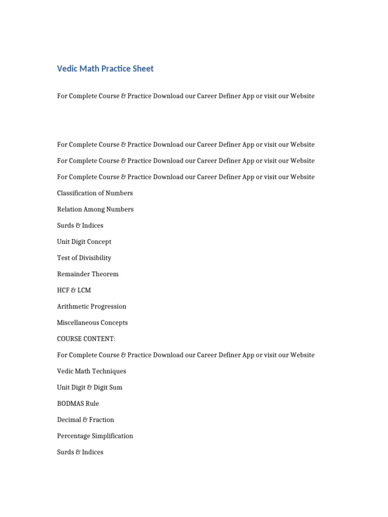 Vedic Math Practice Sheet | PDF | Mathematics | Numbers