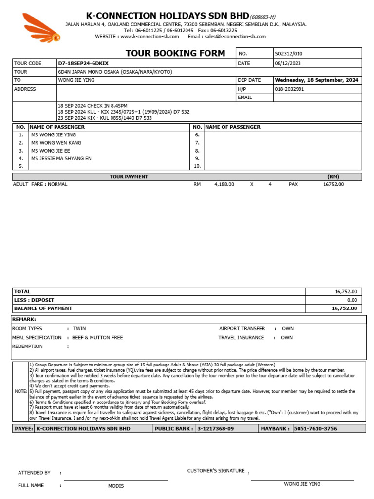 Tour Booking Form SO2312 010 | PDF | Payments