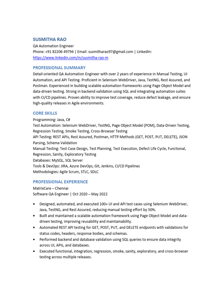 SusmithaRaoM_QAResume | PDF | Software Testing | Selenium (Software)