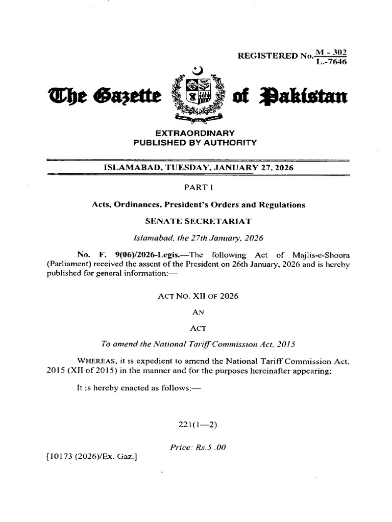 The National Tariff Commission (Amendment) Act, 2026 (Act No. XII of ...