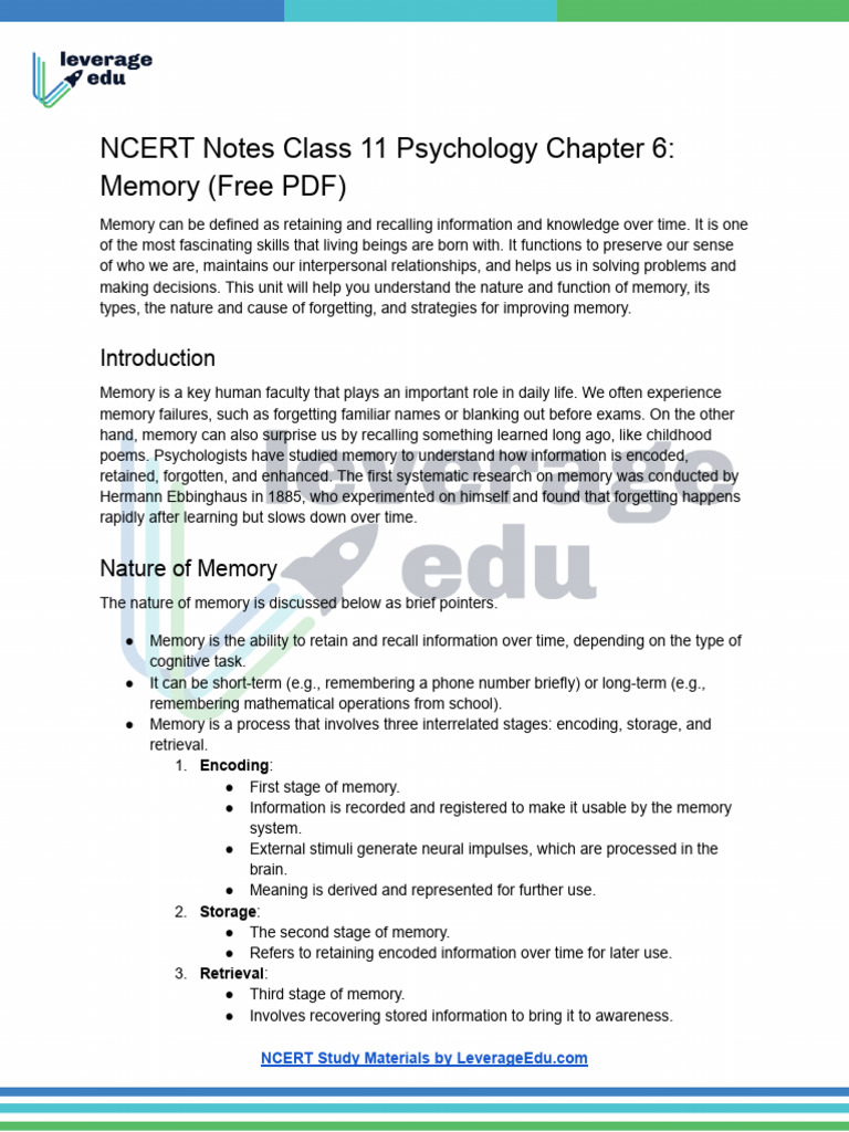 NCERT Notes Class 11 Psychology Chapter 6 - Memory (Free PDF | PDF ...
