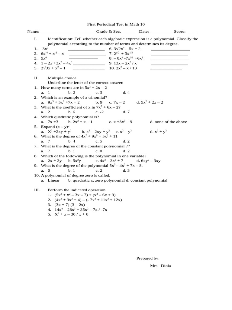 Math 10 First Periodic Test | PDF | Polynomial | Computational Science