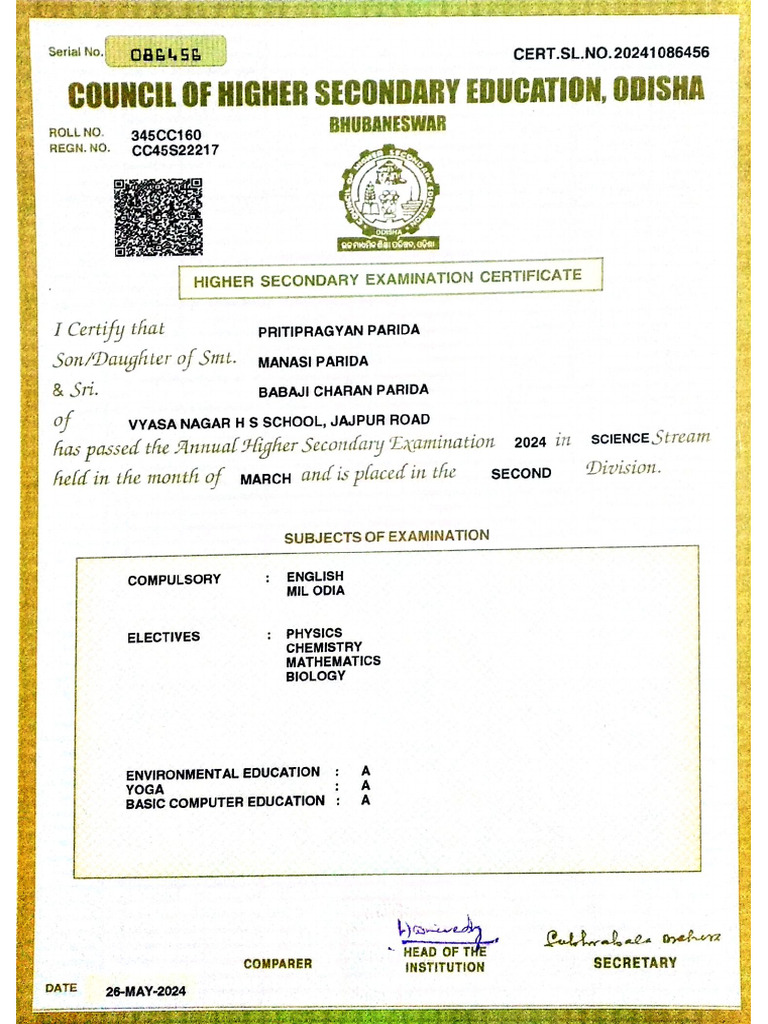 12th Certificate | PDF