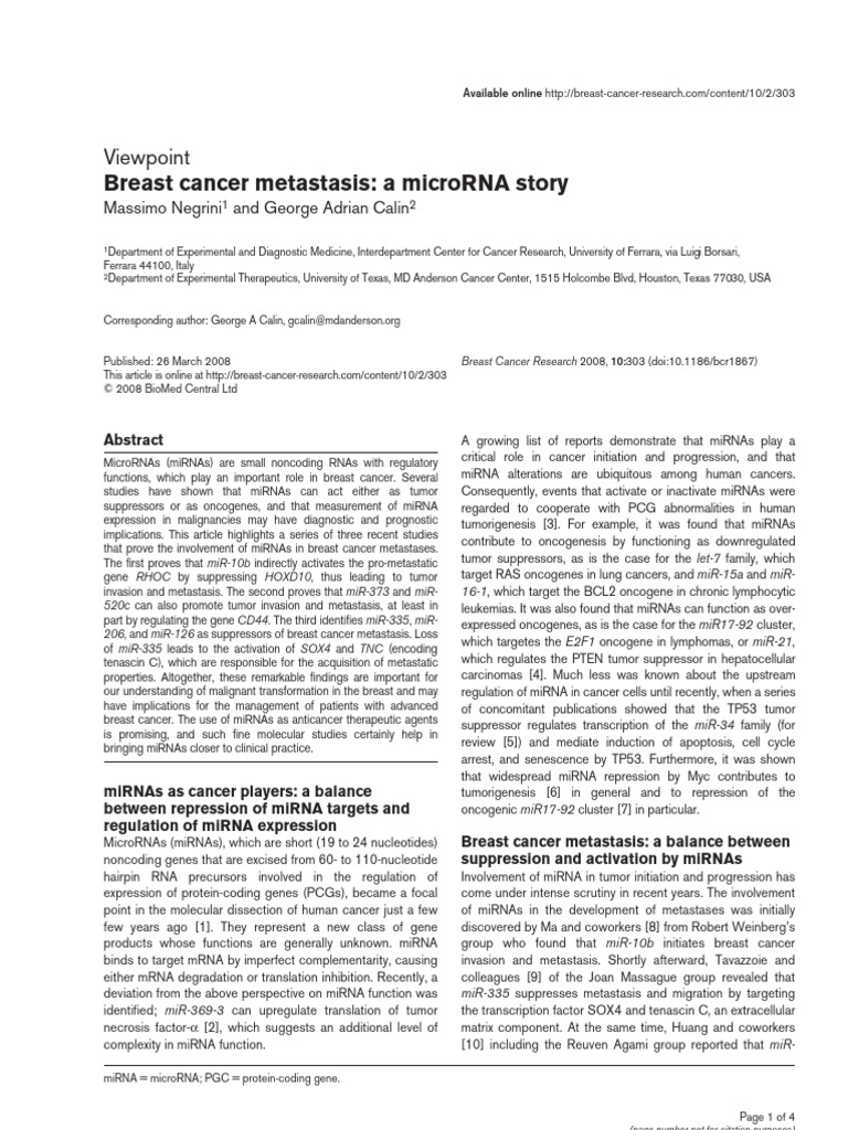 Breast Cancer Metastasis A MicroRNA Story | PDF | Metastasis | Micro Rna