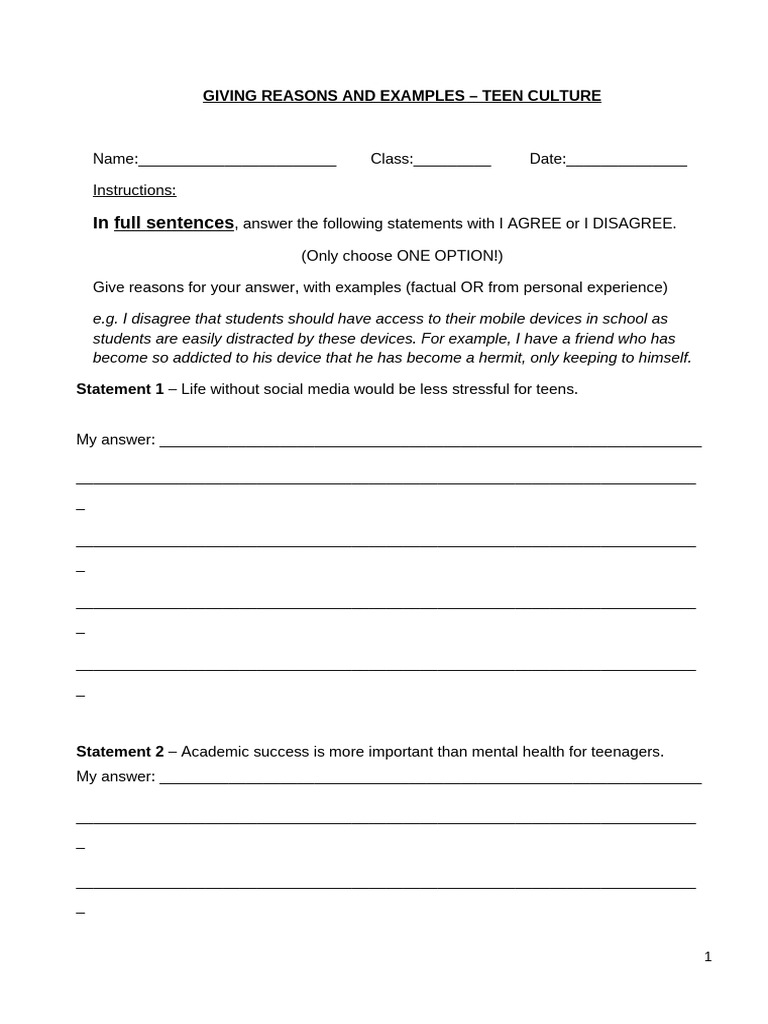 Giving Reason and Examples for Opinions (Teen Culture) | PDF ...