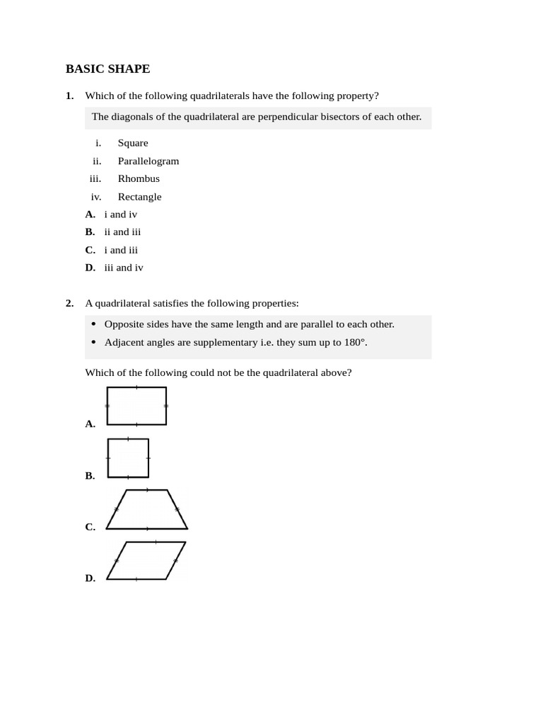 Basic Shape (Medium Hard) Compilation (45) Questions | PDF | Rectangle ...
