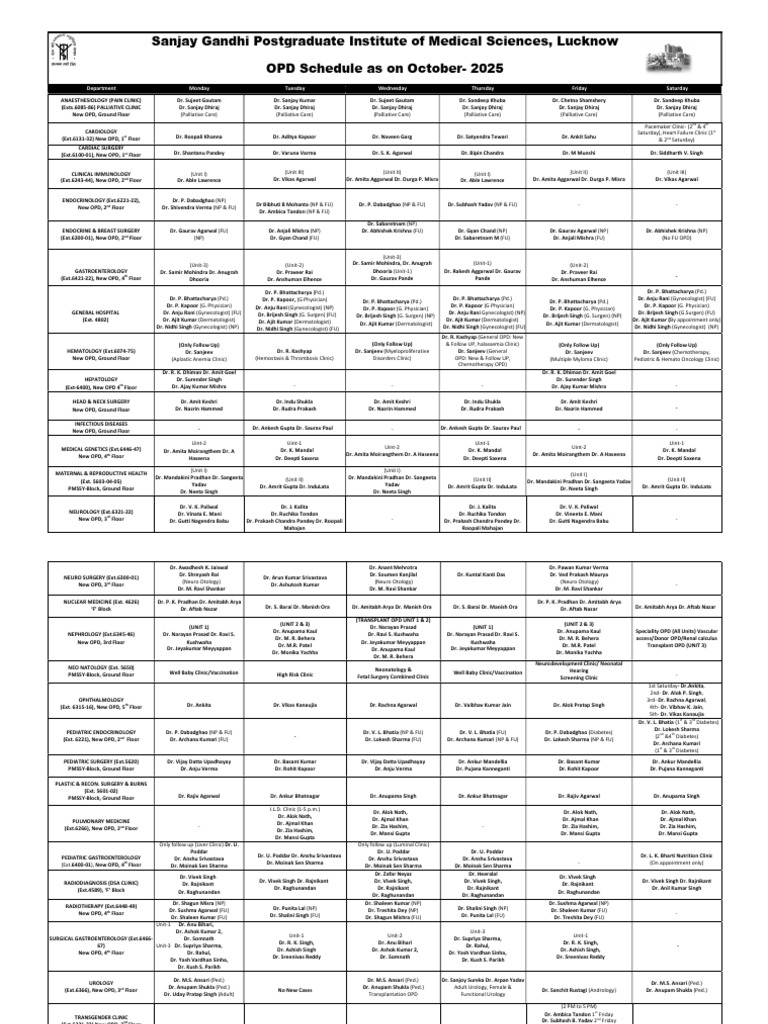 OPD Schedule New_011225 | PDF | Medical Specialties | Health Care