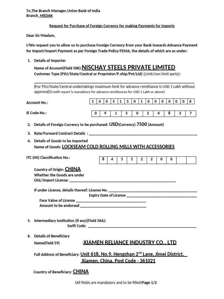Form for Import Remittance | PDF | Private Law | Business
