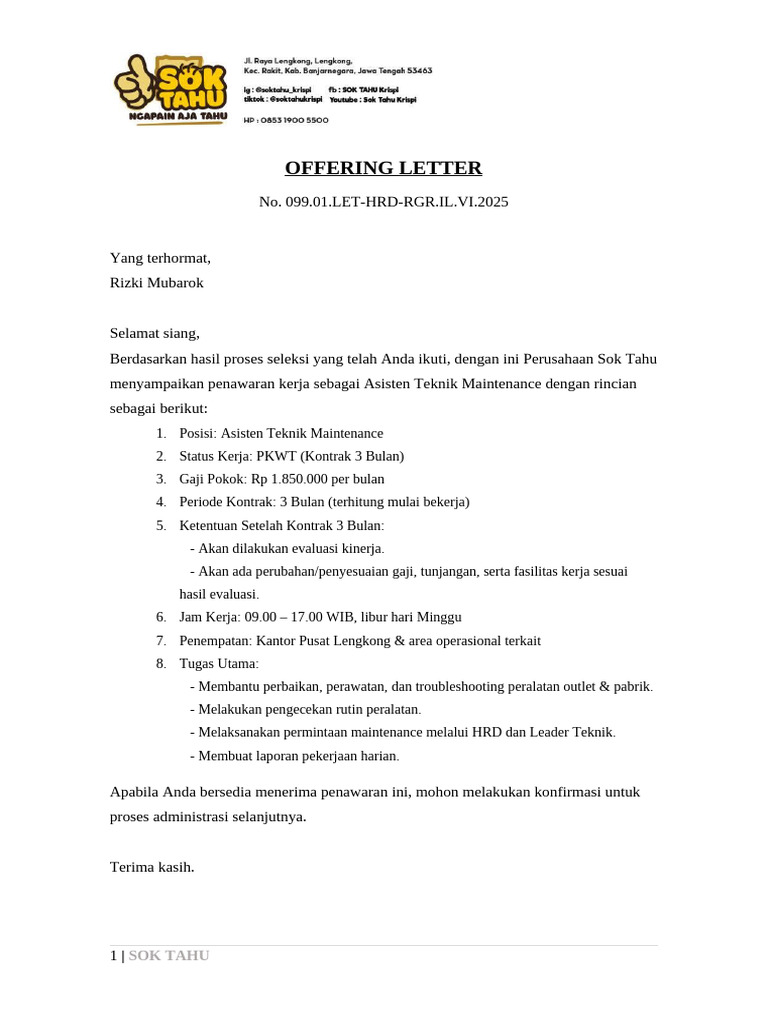 Oferring Letter | PDF