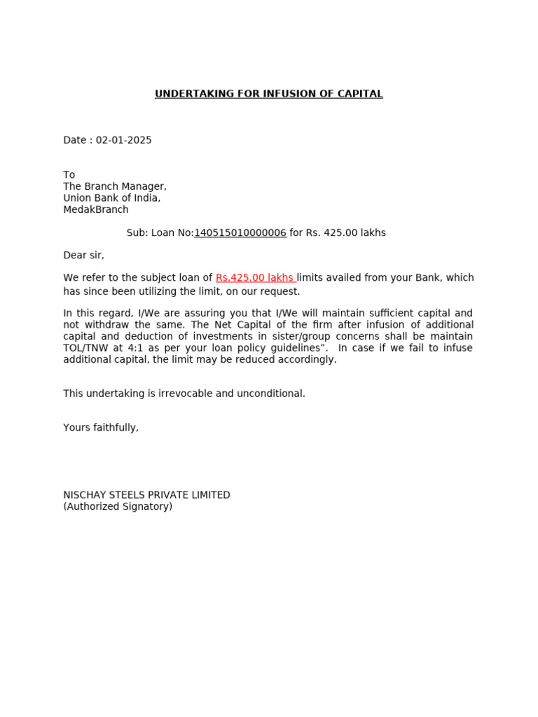 UNION BANK Undertaking For Capital | PDF