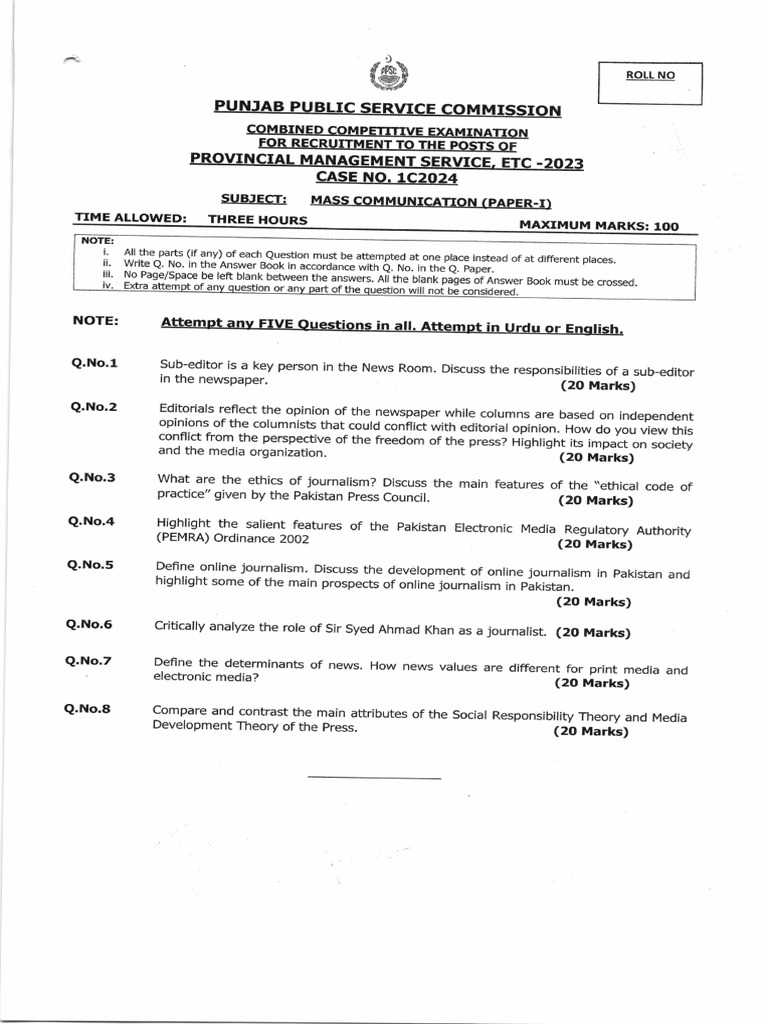 Mass Communication Paper 2024 25101511120 | PDF | Journalism ...