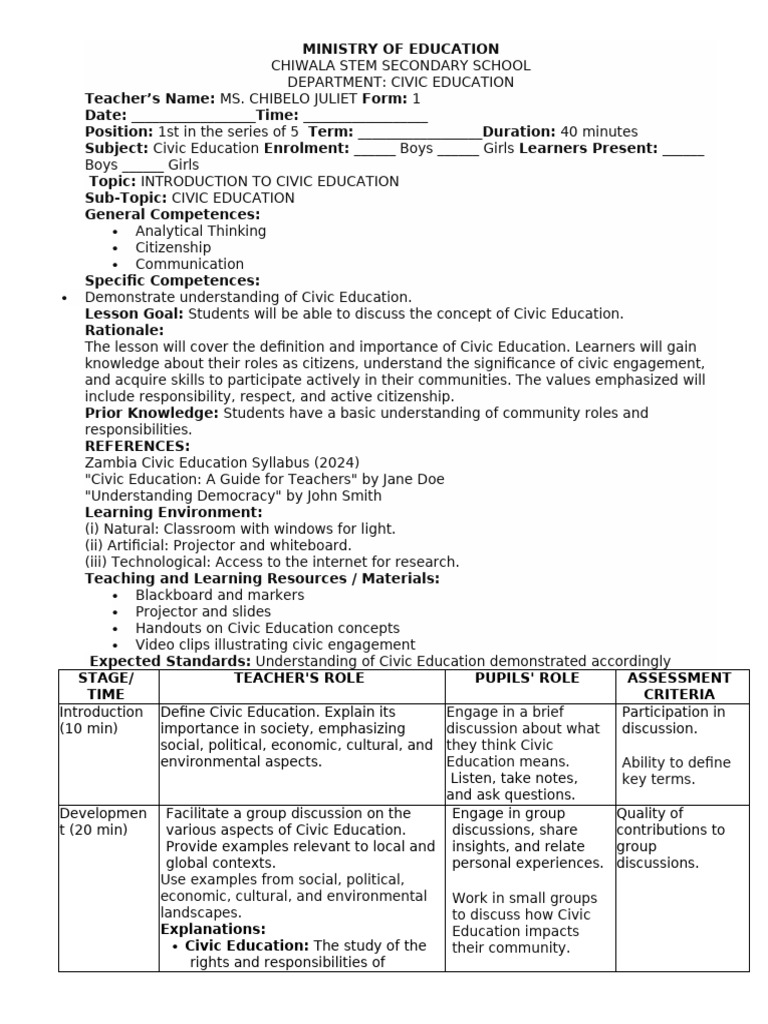 Introducion To Civic Education Lesson Plans Form 1 | PDF | Teachers ...