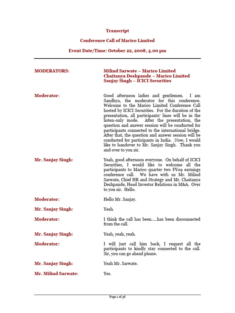 Transcript of Conference Call Post Q2FY09 Result | PDF