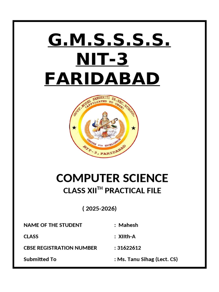 12th Practical File Front Page | PDF