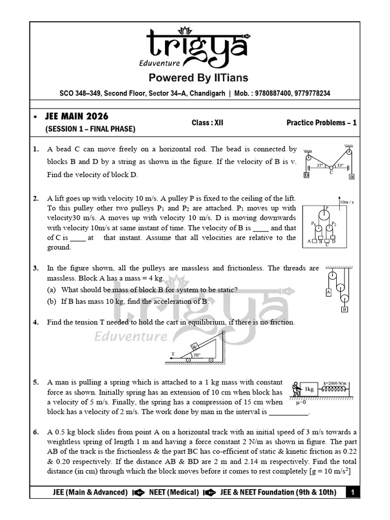 Practice Problems 1 (JEE Main 2026 Jan Shift) | PDF | Tension (Physics ...