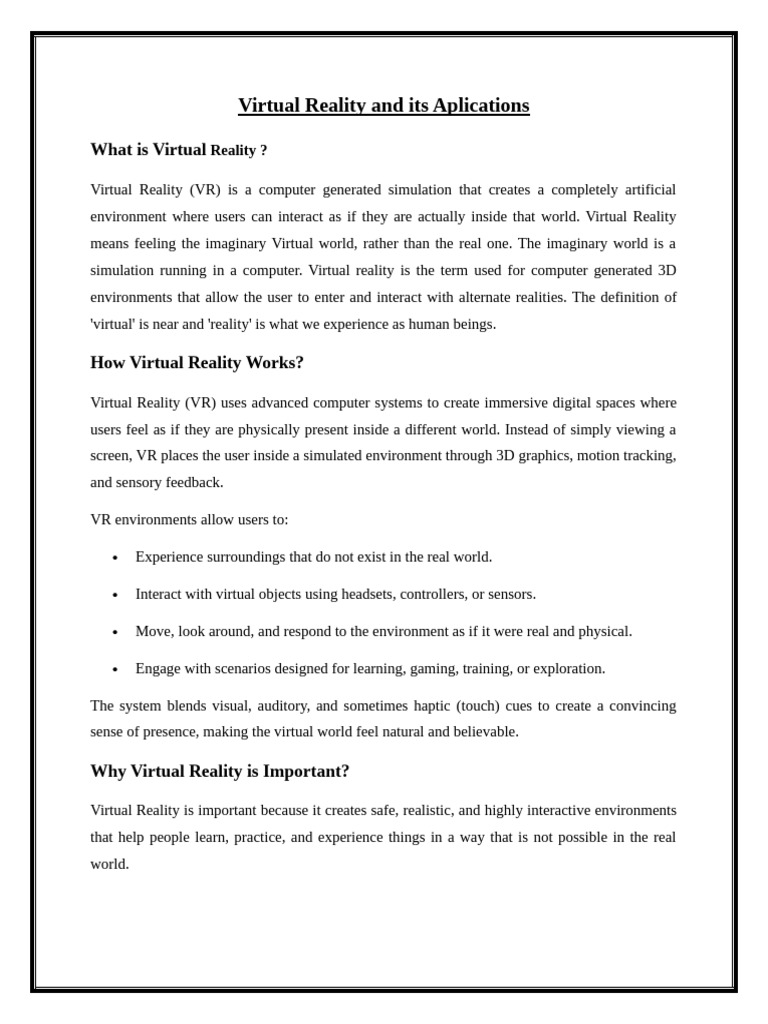 Virtual Reality and Its Aplications | PDF | Virtual Reality | Augmented ...