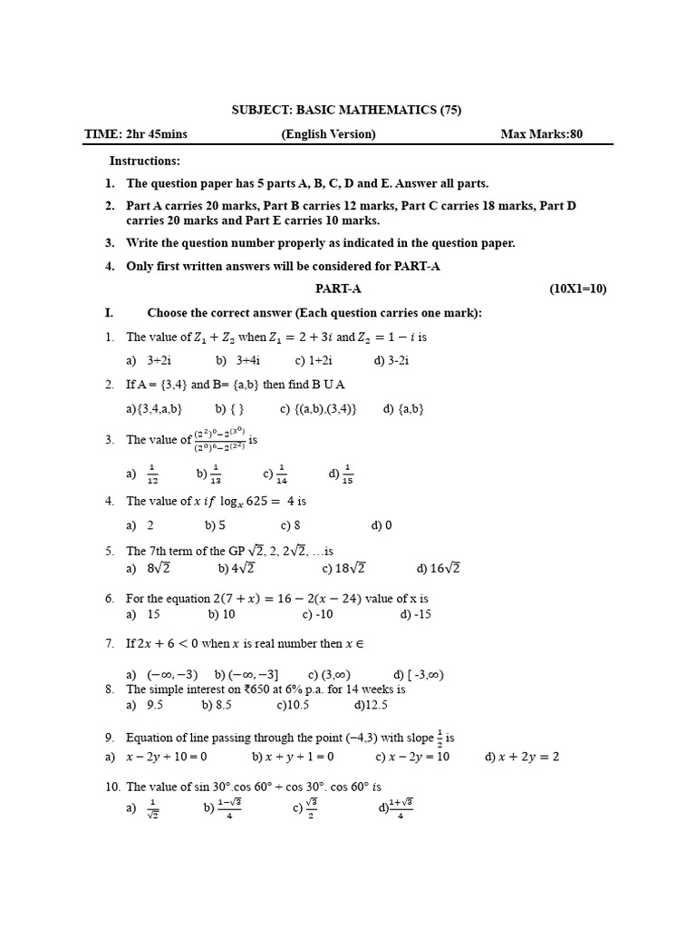 PU 1 Basic Mathematics Model Paper 2 | PDF | Chess Theory | Chess