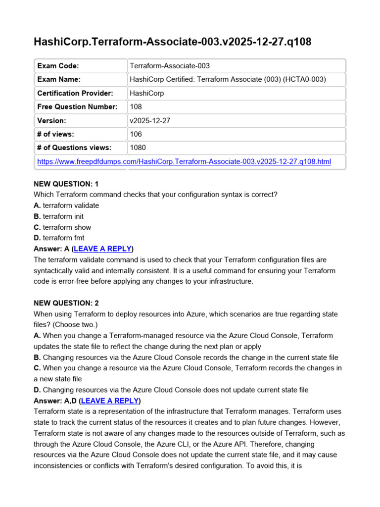 HashiCorp - Terraform Associate 003.v2025!12!27.q108 | PDF | Cloud ...