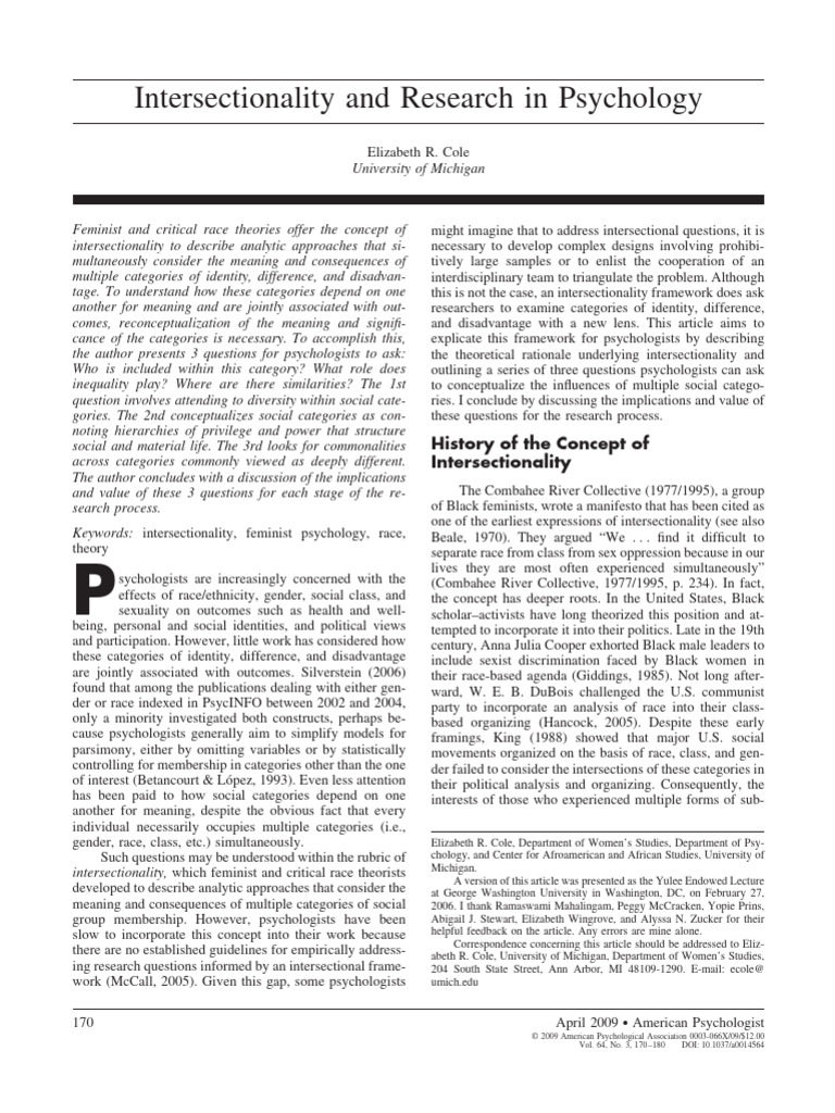 2.2.1 Cole (2009) - Intersectionality and Research in Psychology | PDF ...
