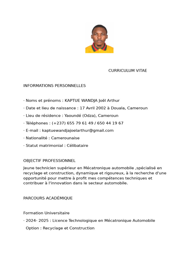 CV Arthur PDF | PDF | Cameroun | Voitures