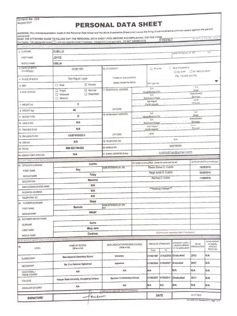 Personal Data Sheet | PDF