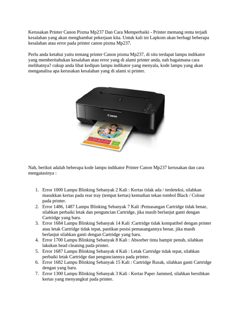Kerusakan Printer Canon Pixma Mp237 Dan Cara Memperbaiki | PDF