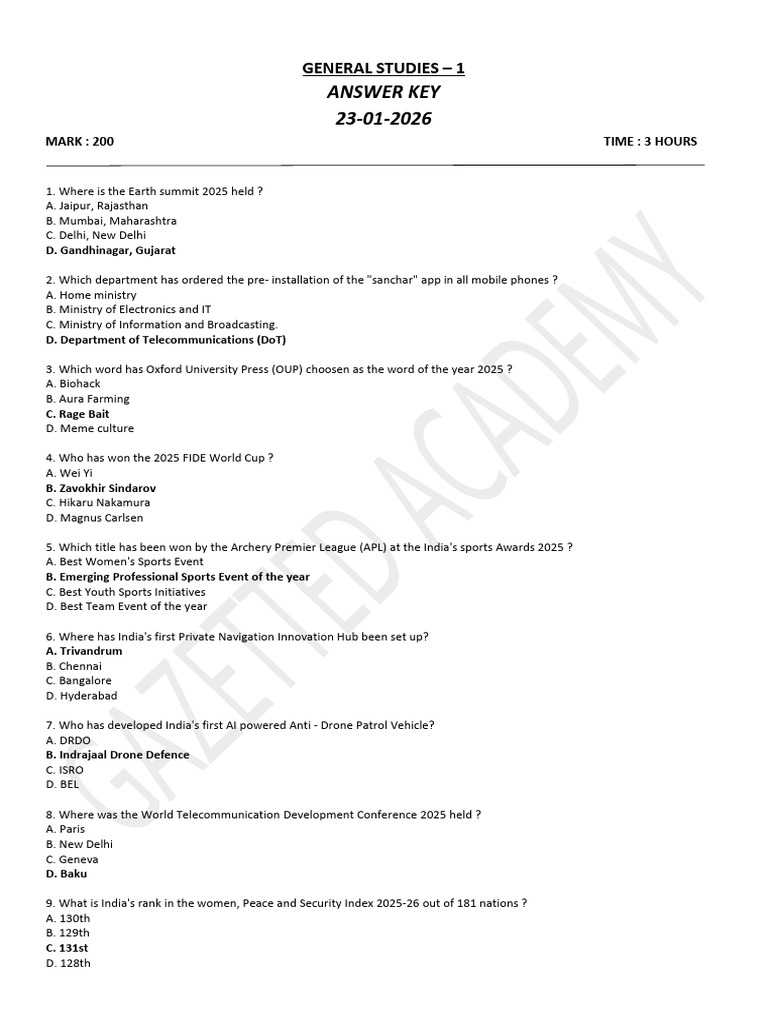 General Studies - 1 Answer Key (23 Jan 2026) | PDF | Iron