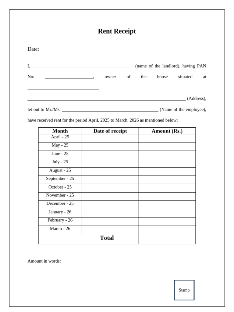 Rent Receipt Format 2024-25 | PDF