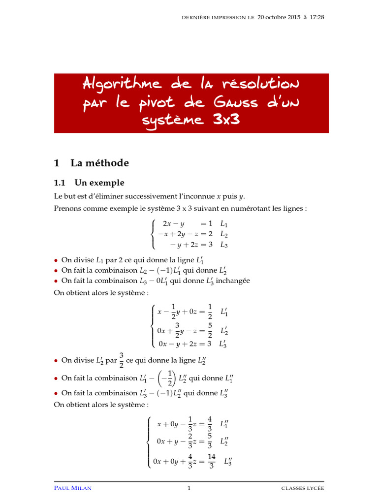 Algorithme Pour La Resolution Par Le Pivot de Gauss D Un Systeme 3 X 3 ...