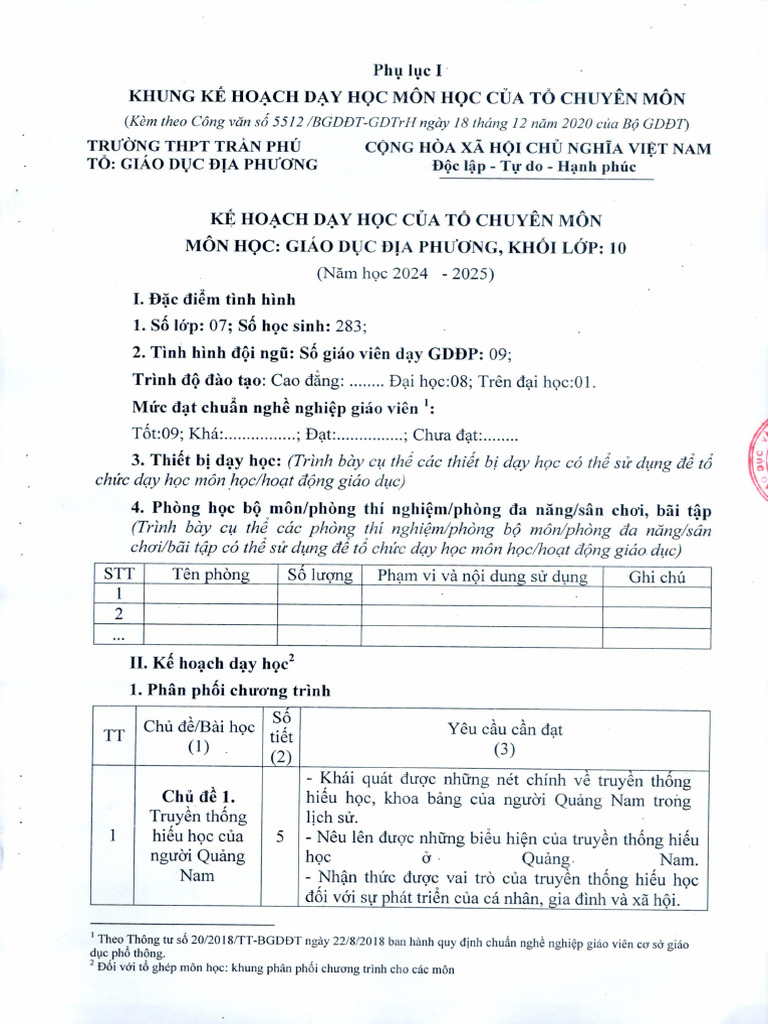 Ke Hoach Day Hoc Gddhp Lop 1011 Cua to Chuyen Mon | PDF