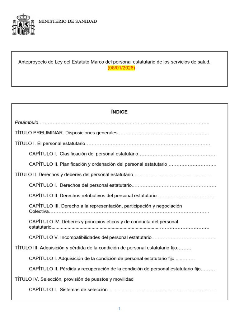Anteproyecto de Ley Del Estatuto Marco Del Personal Estatutario de Los ...