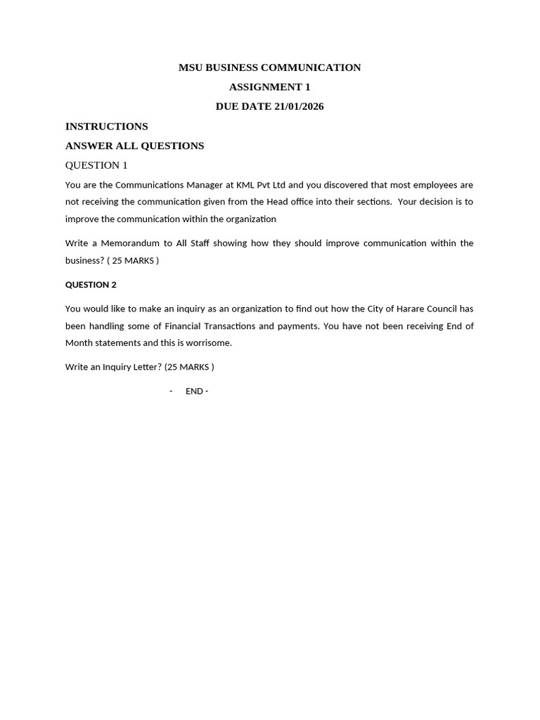 Msu Business Communication Assignment 1 2026 | PDF