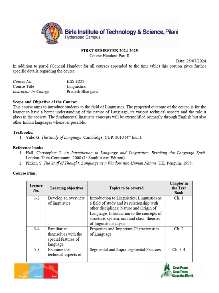 HSS F222 Linguistics Handout | PDF | Linguistics | Human Communication