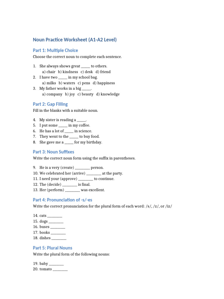 Extended Noun Practice Worksheet A1 A2 | PDF