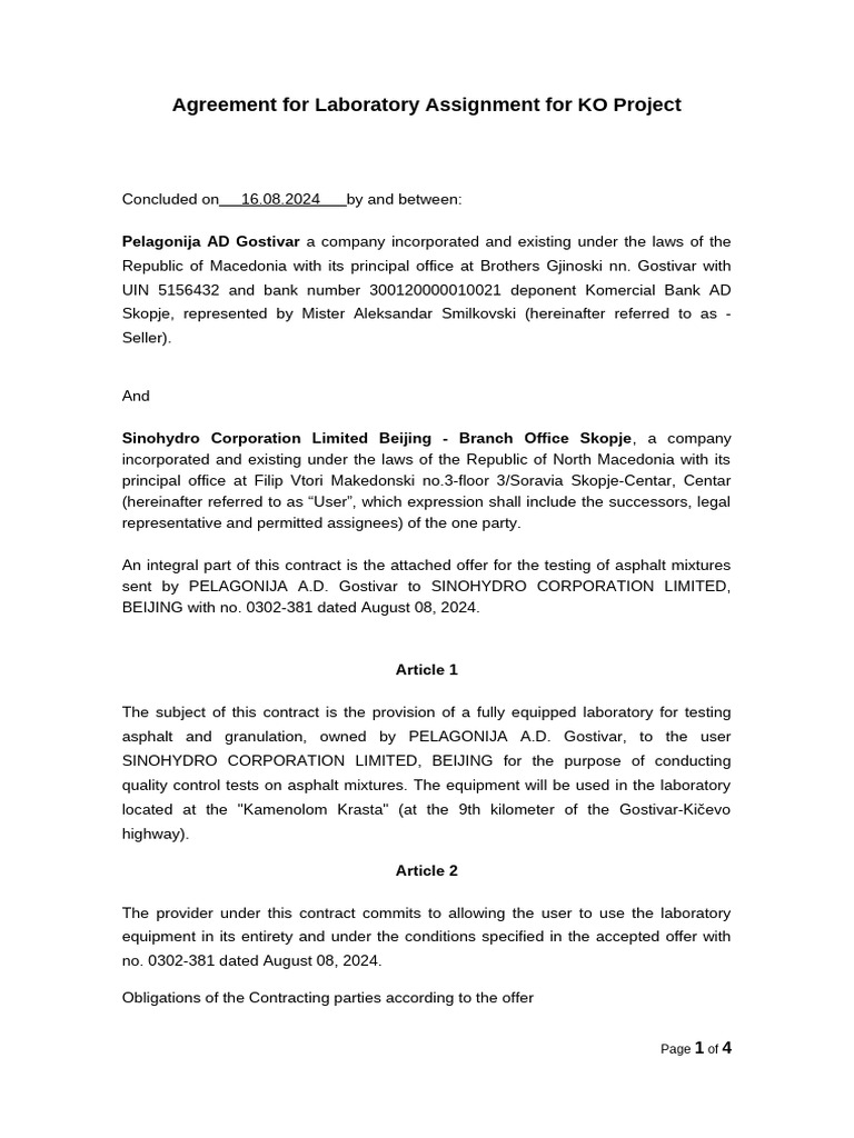 Contract Agreement-Laboratory Testing | PDF | Density | Private Law