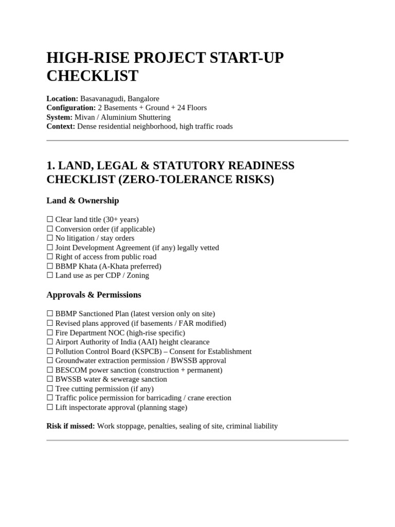 Project Start Checklist - High Rise Building | PDF | Concrete | Road