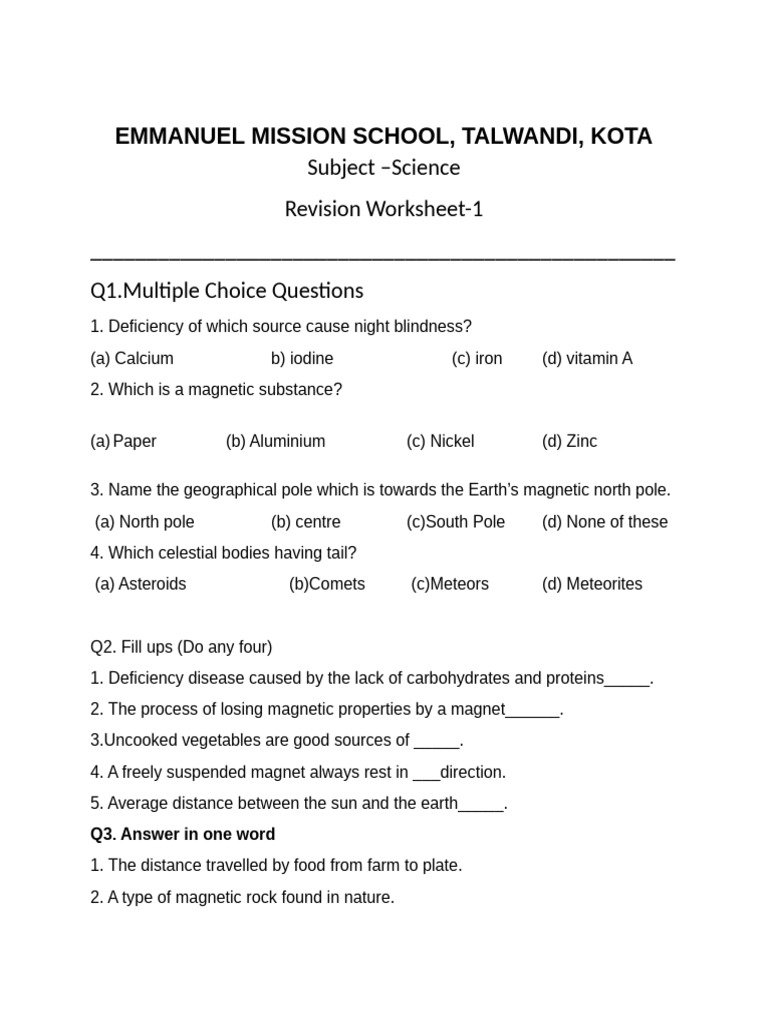 Science Revision Worksheet 1 | PDF