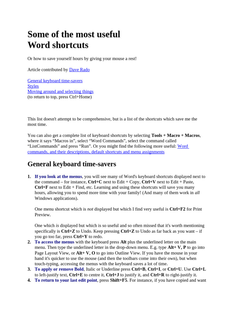 WORD - Some of The Most Useful Word Shortcuts | PDF | Keyboard Shortcut ...