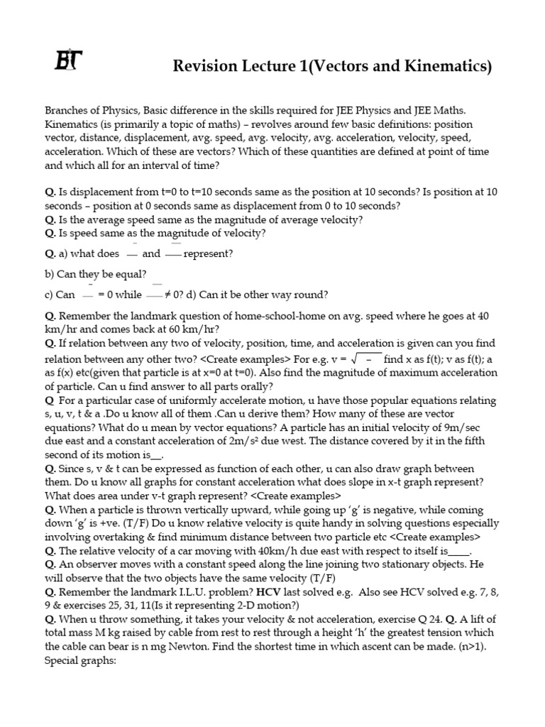 Revision Lecture 1vectors and Kinematics | PDF | Acceleration | Velocity