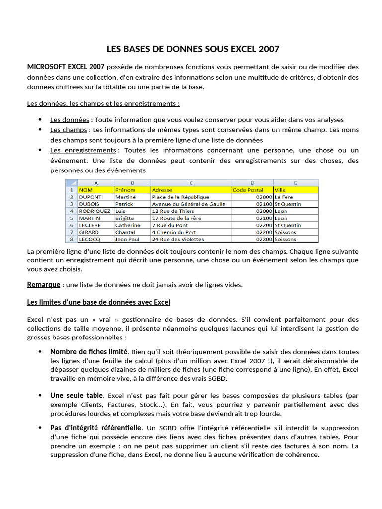 Les Bases de Donnes Sous Excel 2007 | PDF | Microsoft Excel | Bases de ...
