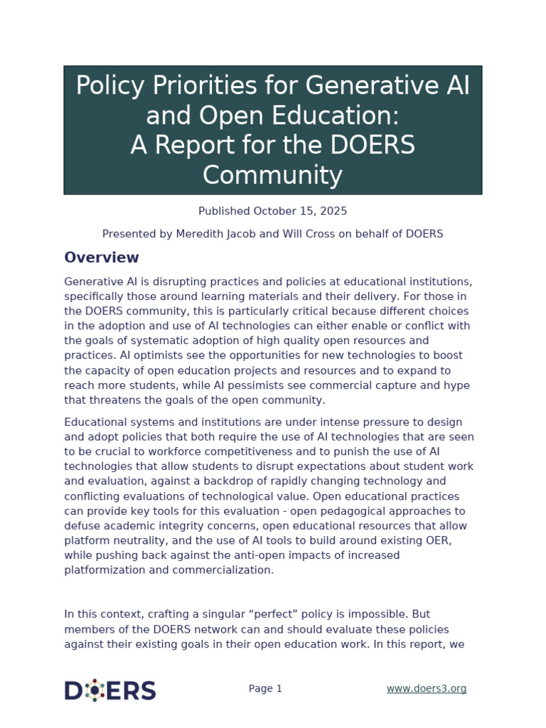 Doers Report - Policy Priorities For Generative Ai and Open Education ...