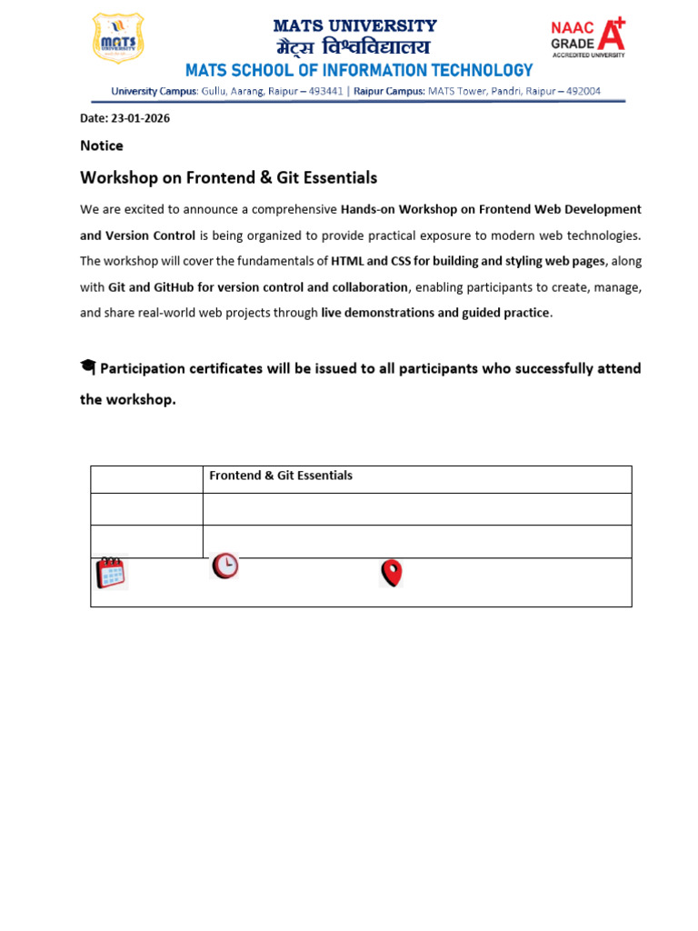 Notice Frontend & Git Essentials-Workshop BCA-2 - 2026 | PDF
