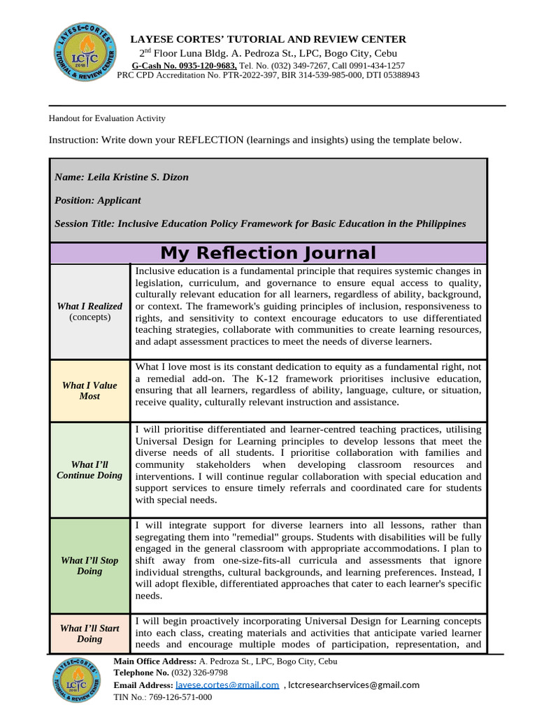 LCTC Reflection Journal 3 - Afternoon Session - Day 1 | PDF | Inclusion ...