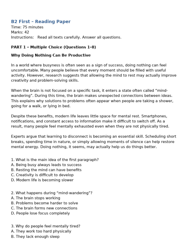 B2 First Reading Question Paper | PDF | Creativity | Attention