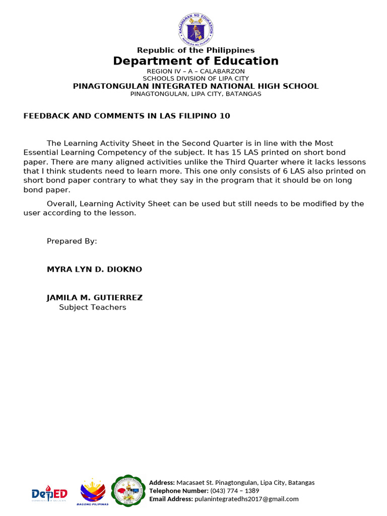 Feedback and Comments in Las-Filipino 10 | PDF
